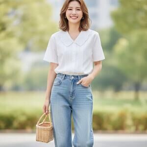 Vintage 80s Lace Collar Sailor White Button Up Shirt Shoulder Pads Edwardian